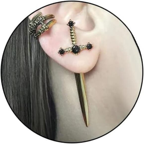 Gothic Sword Earrings Women Punk Dagger Rhinestone Stud Retro Black CZ Jewelry - Picture 1 of 8